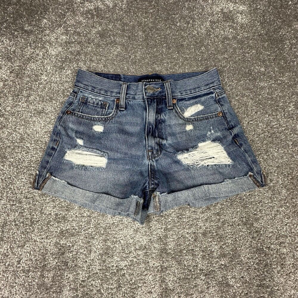 Aeropostale Mom Shorts Womens 0 (26x2.5) Blue Denim Distressed High Wasted